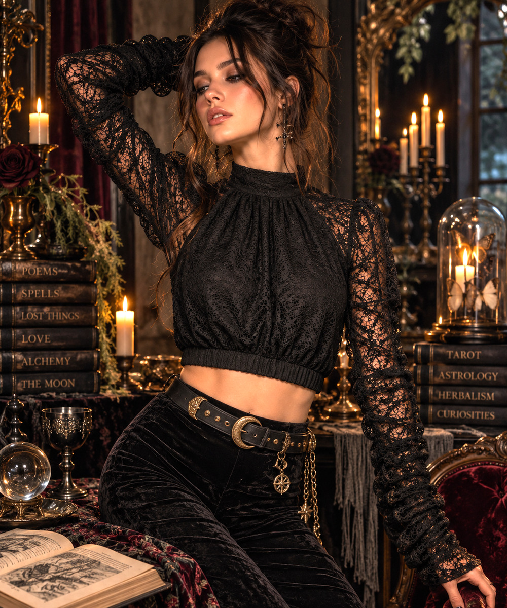 Walter Baker XS Black Lace Crop Top Ruched Sheer Long Sleeve Whimsigoth Goth